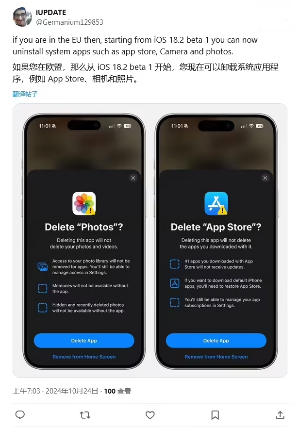 抱由镇苹果手机维修分享iOS 18.2 支持删除 App Store 应用商店 